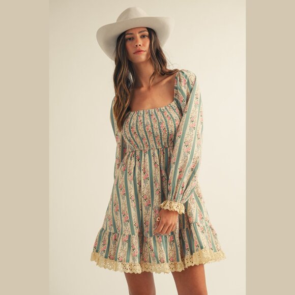 LOVLOV Vintage Floral Maxi Dress Western Cottagecore Lace Trim Smocked Bodice - Picture 11 of 16